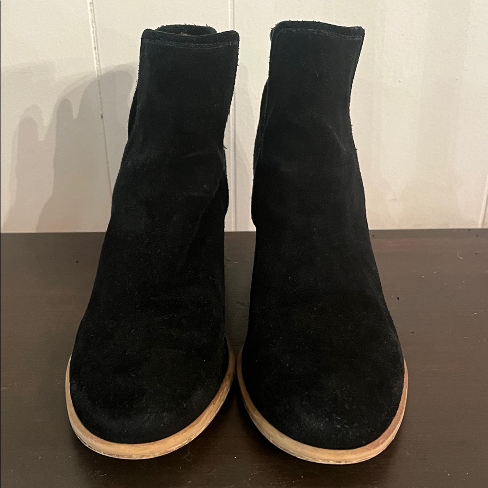 hinge Black Suede Ankle Booties with Tan Stacked Sole